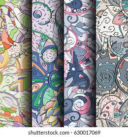 Set of tracery colorful seamless patterns. Curved doodling backgrounds for textile or printing with mehndi and ethnic motives. Vector