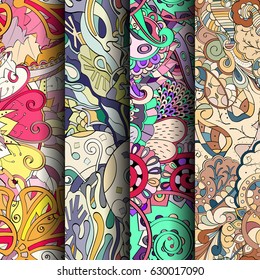 Set of tracery colorful seamless patterns. Curved doodling backgrounds for textile or printing with mehndi and ethnic motives. Vector