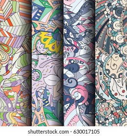 Set of tracery colorful seamless patterns. Curved doodling backgrounds for textile or printing with mehndi and ethnic motives. Vector
