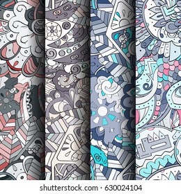 Set of tracery colorful seamless patterns. Curved doodling backgrounds for textile or printing with mehndi and ethnic motives. Vector