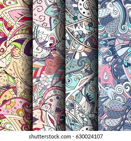 Set of tracery colorful seamless patterns. Curved doodling backgrounds for textile or printing with mehndi and ethnic motives. Vector
