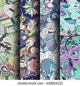 Set of tracery colorful seamless patterns. Curved doodling backgrounds for textile or printing with mehndi and ethnic motives. Vector