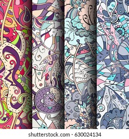 Set of tracery colorful seamless patterns. Curved doodling backgrounds for textile or printing with mehndi and ethnic motives. Vector