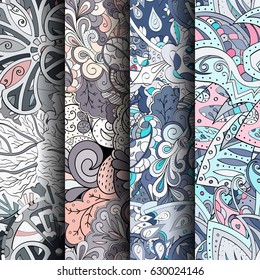 Set of tracery colorful seamless patterns. Curved doodling backgrounds for textile or printing with mehndi and ethnic motives. Vector