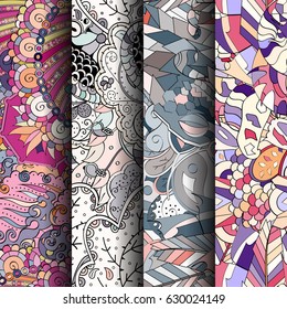 Set of tracery colorful seamless patterns. Curved doodling backgrounds for textile or printing with mehndi and ethnic motives. Vector