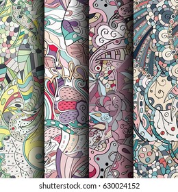 Set of tracery colorful seamless patterns. Curved doodling backgrounds for textile or printing with mehndi and ethnic motives. Vector
