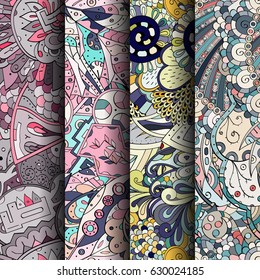 Set of tracery colorful seamless patterns. Curved doodling backgrounds for textile or printing with mehndi and ethnic motives. Vector