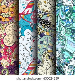 Set of tracery colorful seamless patterns. Curved doodling backgrounds for textile or printing with mehndi and ethnic motives. Vector