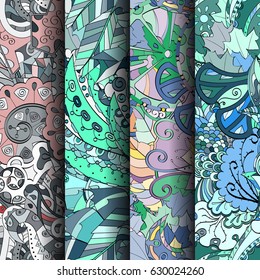Set of tracery colorful seamless patterns. Curved doodling backgrounds for textile or printing with mehndi and ethnic motives. Vector