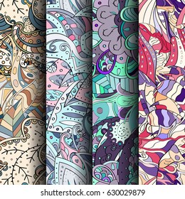 Set of tracery colorful seamless patterns. Curved doodling backgrounds for textile or printing with mehndi and ethnic motives. Vector