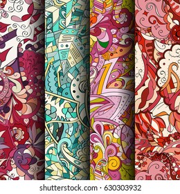Set of tracery colorful seamless patterns. Curved doodling backgrounds for textile or printing with mehndi and ethnic motives. Vector