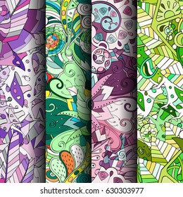 Set of tracery colorful seamless patterns. Curved doodling backgrounds for textile or printing with mehndi and ethnic motives. Vector