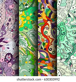 Set of tracery colorful seamless patterns. Curved doodling backgrounds for textile or printing with mehndi and ethnic motives. Vector