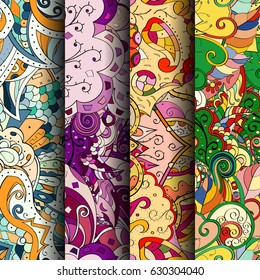 Set of tracery colorful seamless patterns. Curved doodling backgrounds for textile or printing with mehndi and ethnic motives. Vector