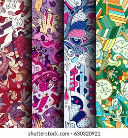 Set of tracery colorful seamless patterns. Curved doodling backgrounds for textile or printing with mehndi and ethnic motives. Vector
