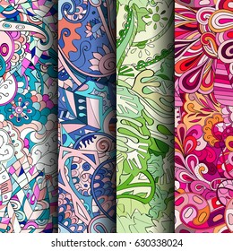 Set of tracery colorful seamless patterns. Curved doodling backgrounds for textile or printing with mehndi and ethnic motives. Vector