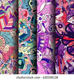 Set of tracery colorful seamless patterns. Curved doodling backgrounds for textile or printing with mehndi and ethnic motives. Vector