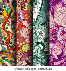 Set of tracery colorful seamless patterns. Curved doodling backgrounds for textile or printing with mehndi and ethnic motives. Vector