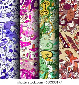 Set of tracery colorful seamless patterns. Curved doodling backgrounds for textile or printing with mehndi and ethnic motives. Vector