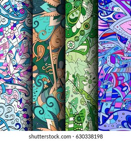 Set of tracery colorful seamless patterns. Curved doodling backgrounds for textile or printing with mehndi and ethnic motives. Vector