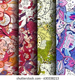Set of tracery colorful seamless patterns. Curved doodling backgrounds for textile or printing with mehndi and ethnic motives. Vector