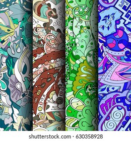 Set of tracery colorful seamless patterns. Curved doodling backgrounds for textile or printing with mehndi and ethnic motives. Vector