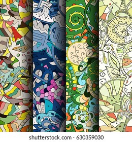 Set of tracery colorful seamless patterns. Curved doodling backgrounds for textile or printing with mehndi and ethnic motives. Vector