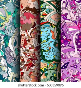 Set of tracery colorful seamless patterns. Curved doodling backgrounds for textile or printing with mehndi and ethnic motives. Vector