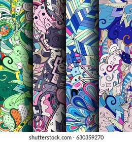 Set of tracery colorful seamless patterns. Curved doodling backgrounds for textile or printing with mehndi and ethnic motives. Vector