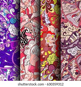 Set of tracery colorful seamless patterns. Curved doodling backgrounds for textile or printing with mehndi and ethnic motives. Vector