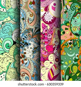 Set of tracery colorful seamless patterns. Curved doodling backgrounds for textile or printing with mehndi and ethnic motives. Vector