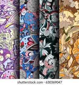 Set of tracery colorful seamless patterns. Curved doodling backgrounds for textile or printing with mehndi and ethnic motives. Vector