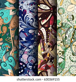 Set of tracery colorful seamless patterns. Curved doodling backgrounds for textile or printing with mehndi and ethnic motives. Vector