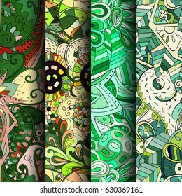Set of tracery colorful seamless patterns. Curved doodling backgrounds for textile or printing with mehndi and ethnic motives. Vector
