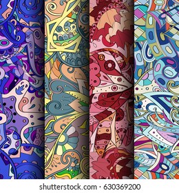 Set of tracery colorful seamless patterns. Curved doodling backgrounds for textile or printing with mehndi and ethnic motives. Vector