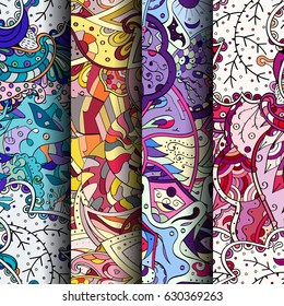 Set of tracery colorful seamless patterns. Curved doodling backgrounds for textile or printing with mehndi and ethnic motives. Vector