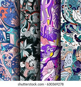 Set of tracery colorful seamless patterns. Curved doodling backgrounds for textile or printing with mehndi and ethnic motives. Vector