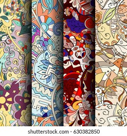 Set of tracery colorful seamless patterns. Curved doodling backgrounds for textile or printing with mehndi and ethnic motives. Vector