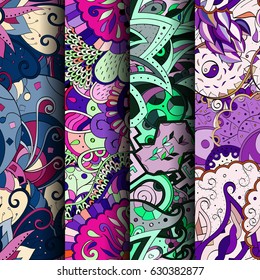 Set of tracery colorful seamless patterns. Curved doodling backgrounds for textile or printing with mehndi and ethnic motives. Vector