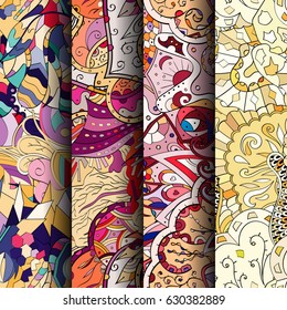 Set of tracery colorful seamless patterns. Curved doodling backgrounds for textile or printing with mehndi and ethnic motives. Vector