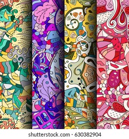 Set of tracery colorful seamless patterns. Curved doodling backgrounds for textile or printing with mehndi and ethnic motives. Vector