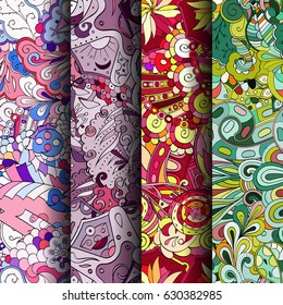 Set of tracery colorful seamless patterns. Curved doodling backgrounds for textile or printing with mehndi and ethnic motives. Vector