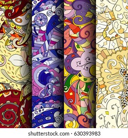 Set of tracery colorful seamless patterns. Curved doodling backgrounds for textile or printing with mehndi and ethnic motives. Vector
