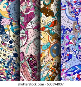 Set of tracery colorful seamless patterns. Curved doodling backgrounds for textile or printing with mehndi and ethnic motives. Vector