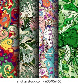 Set of tracery colorful seamless patterns. Curved doodling backgrounds for textile or printing with mehndi and ethnic motives. Vector