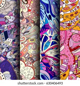 Set of tracery colorful seamless patterns. Curved doodling backgrounds for textile or printing with mehndi and ethnic motives. Vector