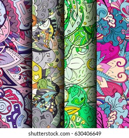 Set of tracery colorful seamless patterns. Curved doodling backgrounds for textile or printing with mehndi and ethnic motives. Vector