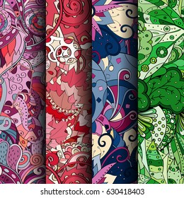 Set of tracery colorful seamless patterns. Curved doodling backgrounds for textile or printing with mehndi and ethnic motives. Vector