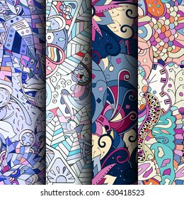 Set of tracery colorful seamless patterns. Curved doodling backgrounds for textile or printing with mehndi and ethnic motives. Vector