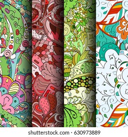 Set of tracery colorful seamless patterns. Curved doodling backgrounds for textile or printing with mehndi and ethnic motives. Vector